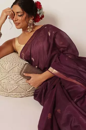 Purple woven cotton blend traditional saree with blouse piece