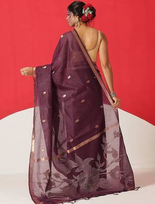 Purple woven cotton blend traditional saree with blouse piece 3