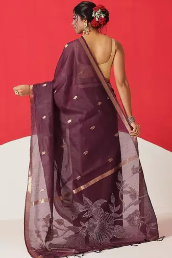 Purple woven cotton blend traditional saree with blouse piece