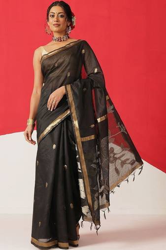 Black embroidered cotton blend traditional saree with blouse piece