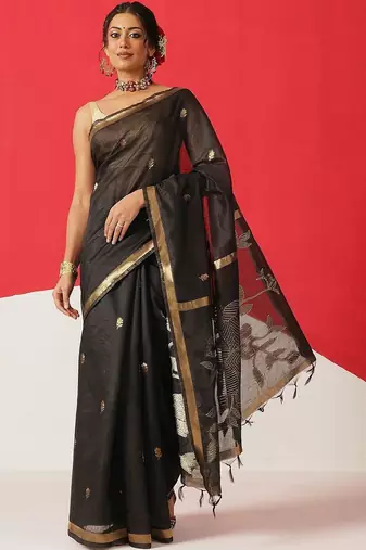 Black embroidered cotton blend traditional saree with blouse piece