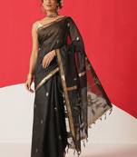 Black embroidered cotton blend traditional saree with blouse piece