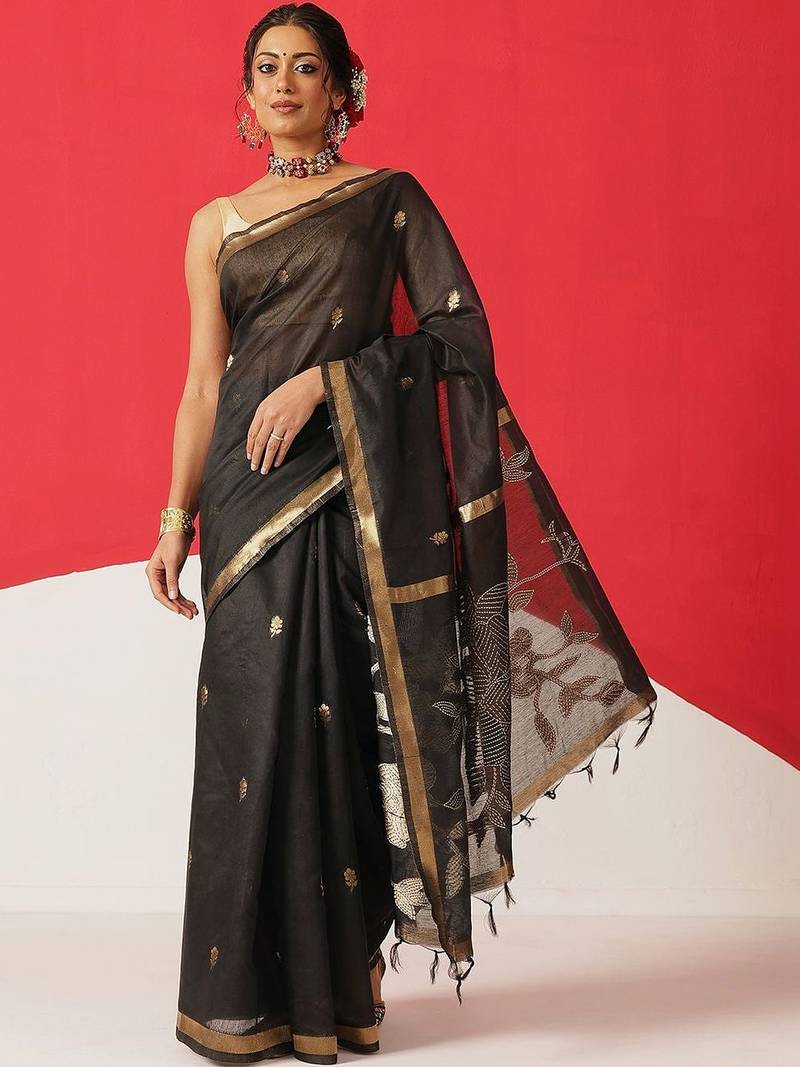Black embroidered cotton blend traditional saree with blouse piece
