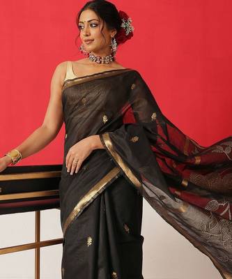 Black embroidered cotton blend traditional saree with blouse piece 2