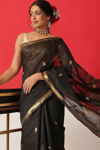 Black embroidered cotton blend traditional saree with blouse piece