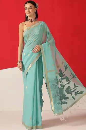 Turquoise embroidered cotton blend traditional saree with blouse piece
