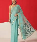 Turquoise embroidered cotton blend traditional saree with blouse piece