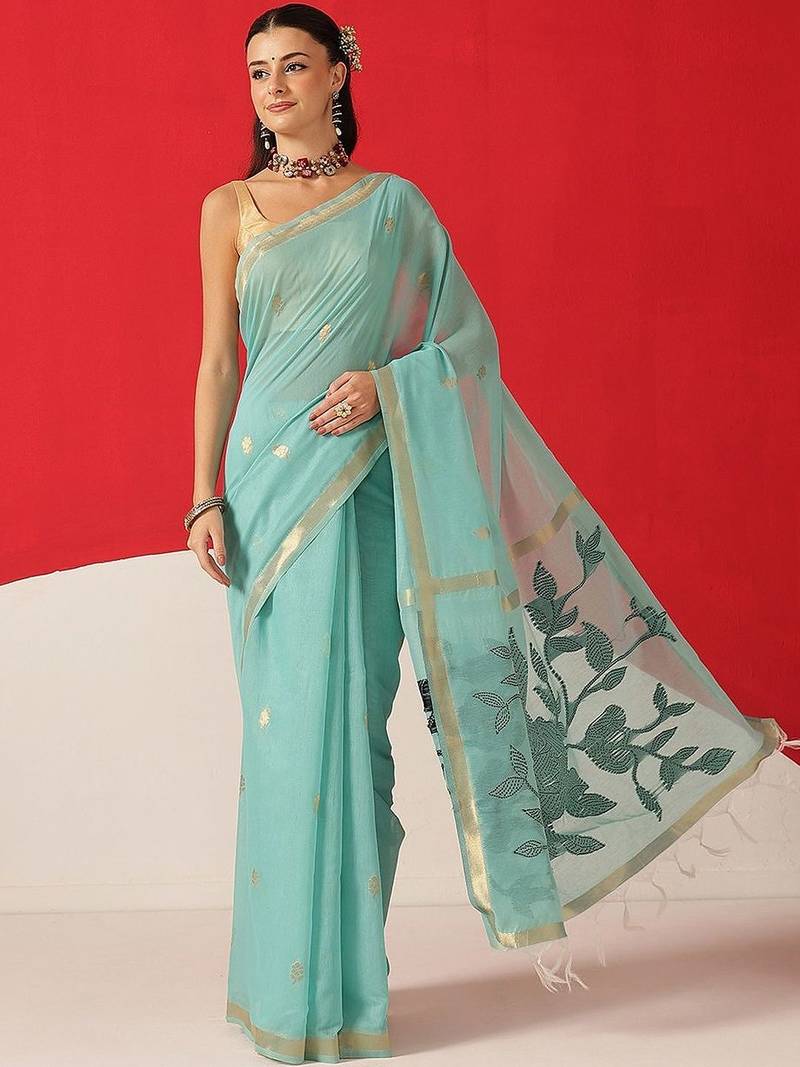 Turquoise embroidered cotton blend traditional saree with blouse piece