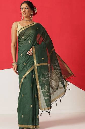 Green woven cotton blend traditional saree with blouse piece