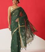 Green woven cotton blend traditional saree with blouse piece