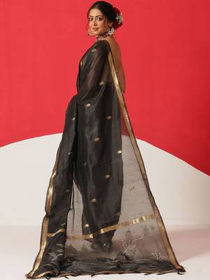 Black embroidered cotton blend traditional saree with blouse piece 3