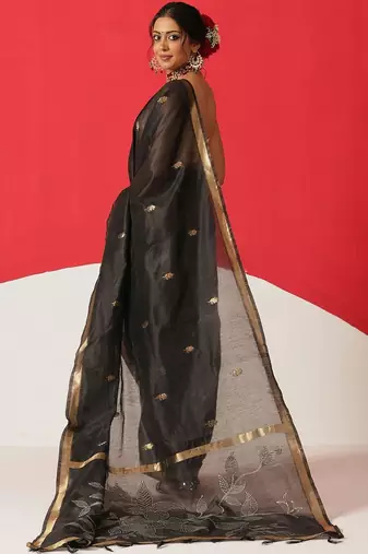Black embroidered cotton blend traditional saree with blouse piece