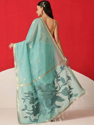 Turquoise embroidered cotton blend traditional saree with blouse piece 2