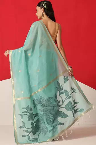 Turquoise embroidered cotton blend traditional saree with blouse piece