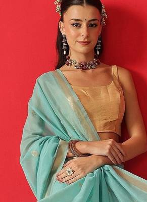 Turquoise embroidered cotton blend traditional saree with blouse piece 3