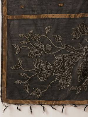 Black embroidered cotton blend traditional saree with blouse piece 5