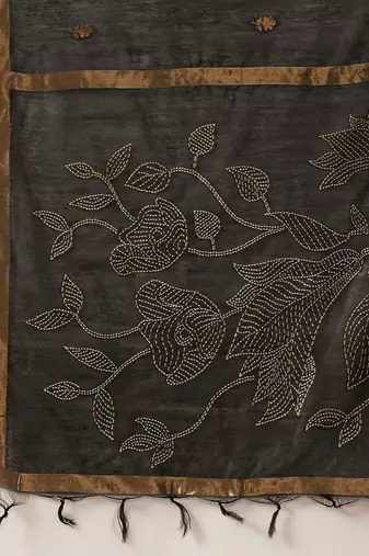 Black embroidered cotton blend traditional saree with blouse piece