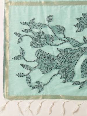 Turquoise embroidered cotton blend traditional saree with blouse piece 5