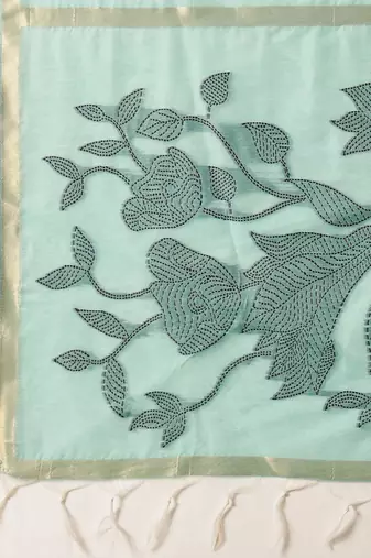 Turquoise embroidered cotton blend traditional saree with blouse piece