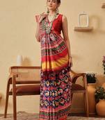 Blue printed silk blend ethnic saree with blouse piece