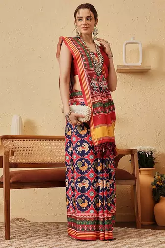 Blue printed silk blend ethnic saree with blouse piece