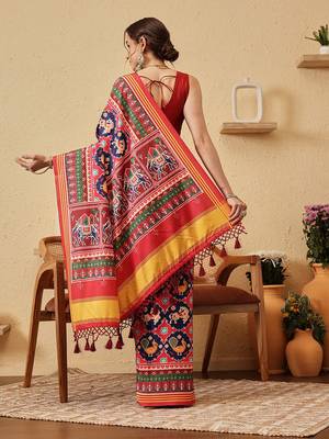 Blue printed silk blend ethnic saree with blouse piece 3