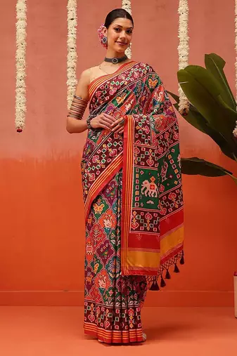 Red printed silk blend ethnic saree with blouse piece