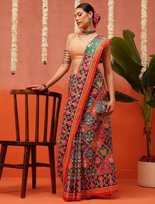 Red printed silk blend ethnic saree with blouse piece 2