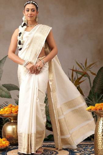 Off white woven silk blend ethnic saree with blouse piece