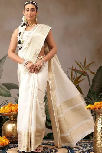 Off white woven silk blend ethnic saree with blouse piece