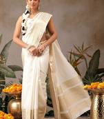 Off white woven silk blend ethnic saree with blouse piece