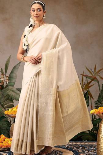 Off white woven silk blend ethnic saree with blouse piece