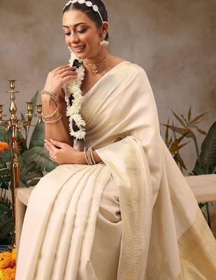 Off white woven silk blend ethnic saree with blouse piece 2