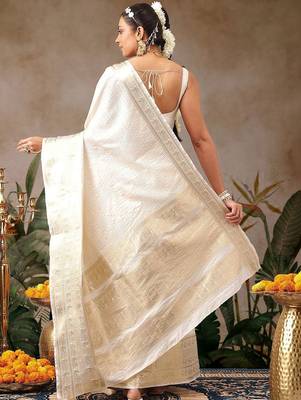 off white woven checked pattern silk blend saree  3