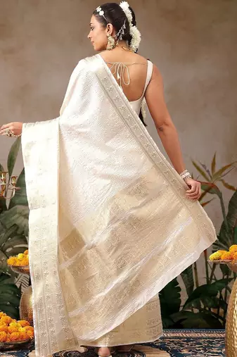 Off white woven silk blend ethnic saree with blouse piece