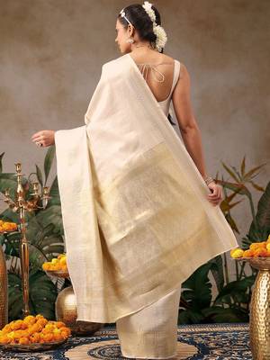 Off white woven silk blend ethnic saree with blouse piece 3