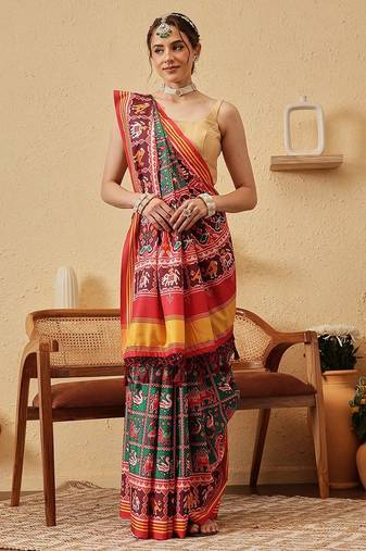 Red printed silk blend ethnic saree with blouse piece