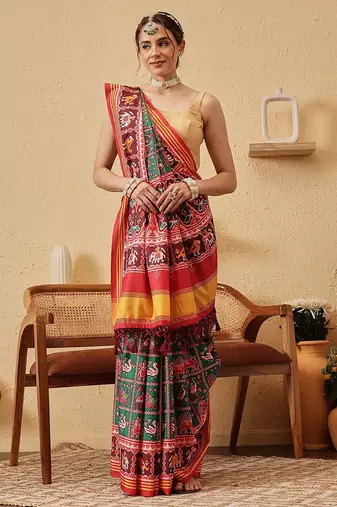 Red printed silk blend ethnic saree with blouse piece
