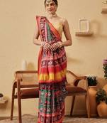 Red printed silk blend ethnic saree with blouse piece