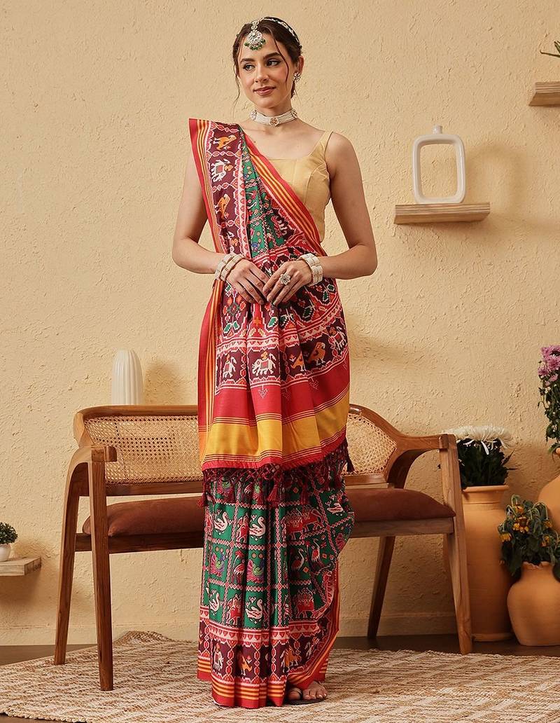 Red printed silk blend ethnic saree with blouse piece