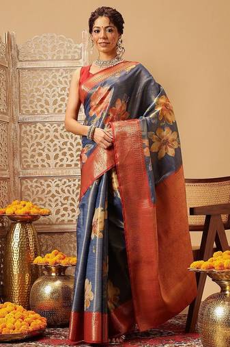 Blue printed tissue traditional saree with blouse piece