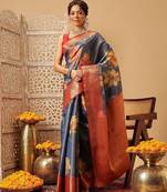 Blue printed tissue traditional saree with blouse piece