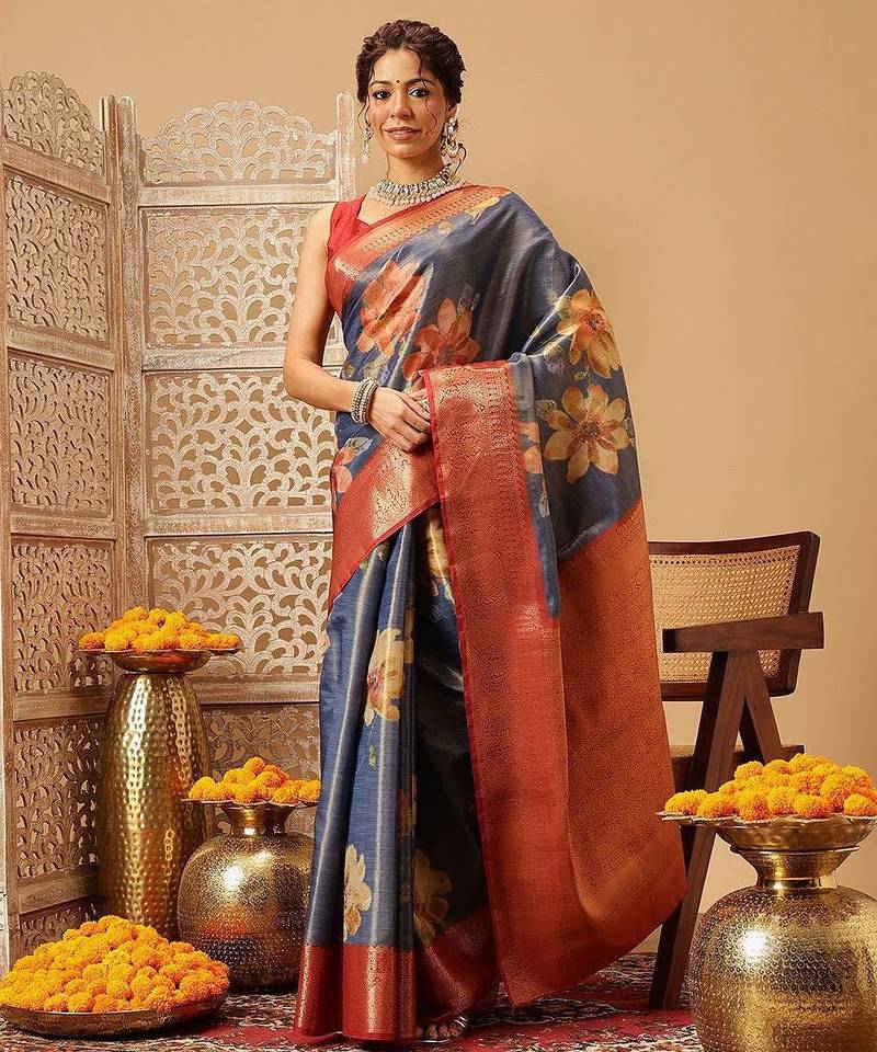 Blue printed tissue traditional saree with blouse piece