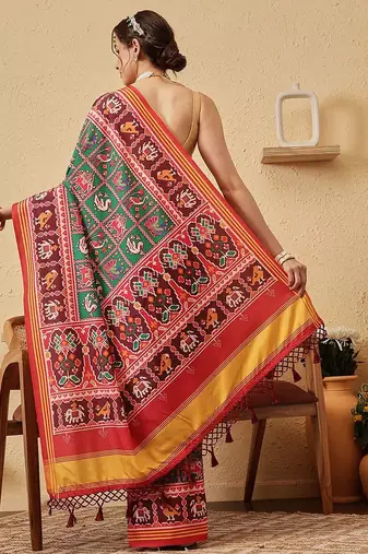 Red printed silk blend ethnic saree with blouse piece
