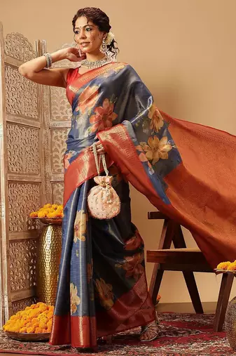 Blue printed tissue traditional saree with blouse piece