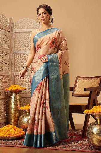 Peach printed tissue traditional saree with blouse piece