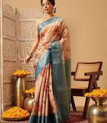 Peach printed tissue traditional saree with blouse piece