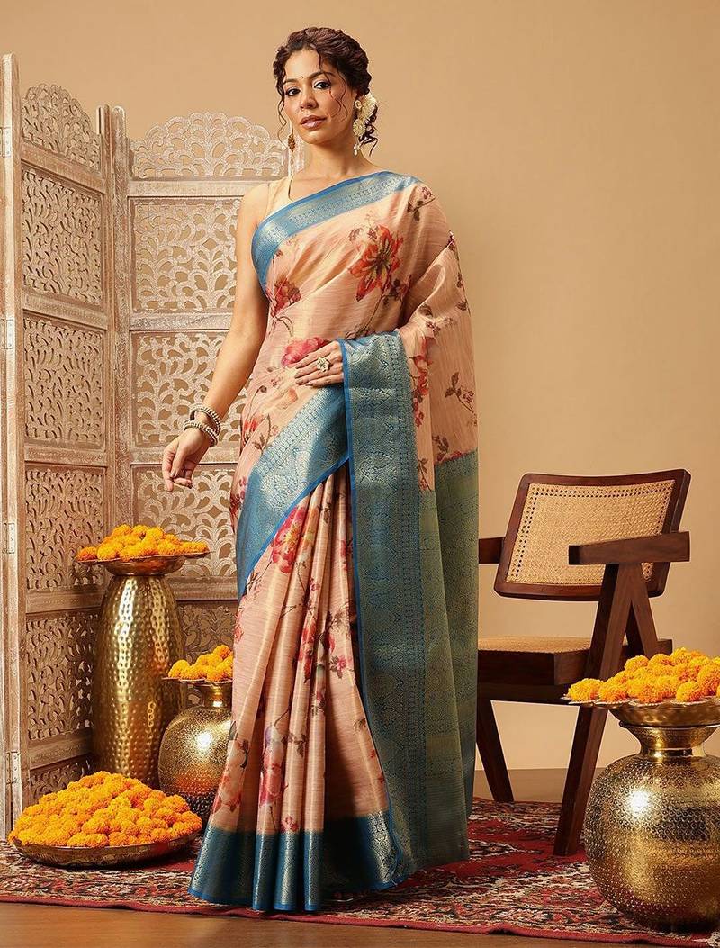 Peach printed tissue traditional saree with blouse piece