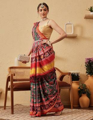 Red printed silk blend ethnic saree with blouse piece 3
