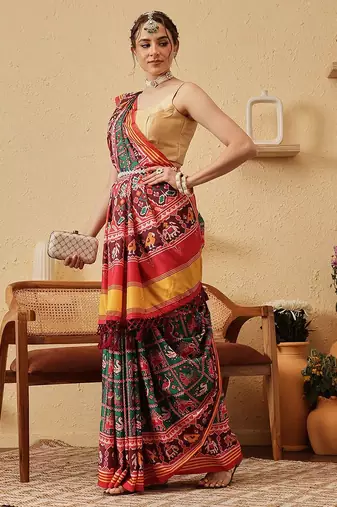 Red printed silk blend ethnic saree with blouse piece